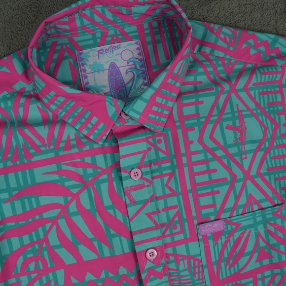 Retro Rifle Other - Retro Rifle Button Down Shirt Mens XL Teal Pink AK-47 Geometric Hawaiian Stretch